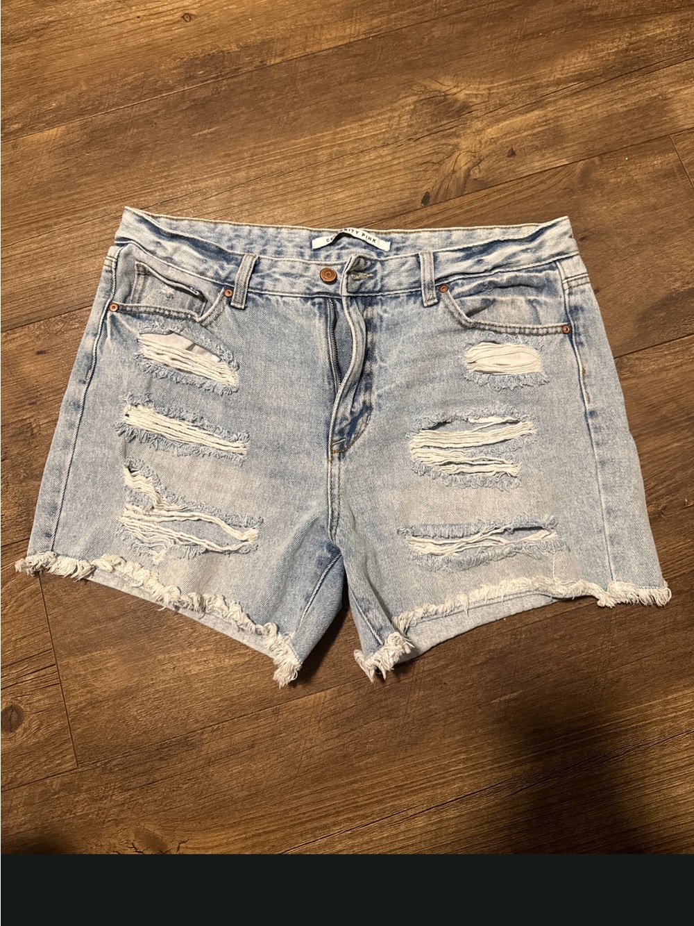 Celebrity Pink Light Blue Distressed Denim Shorts